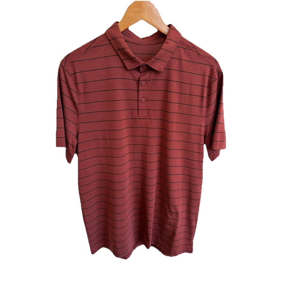 Lululemon Evolution Shirt Deep Brown Striped Short Sleeve Active Logo Mens Large